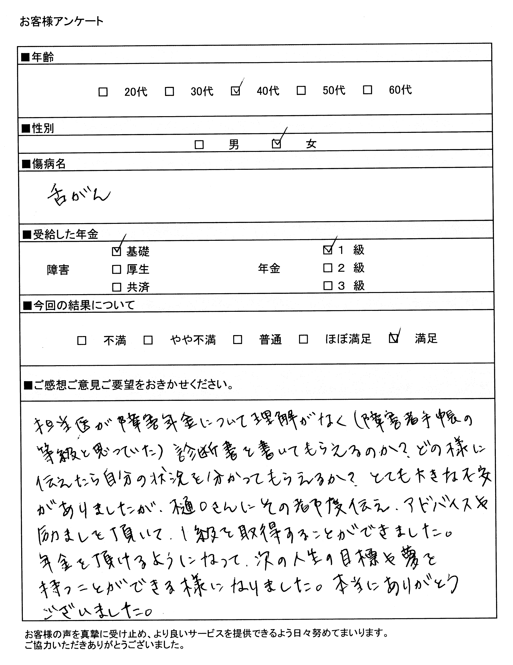 舌癌で障害基礎年金１級の４０代愛知の女性の感謝の声
