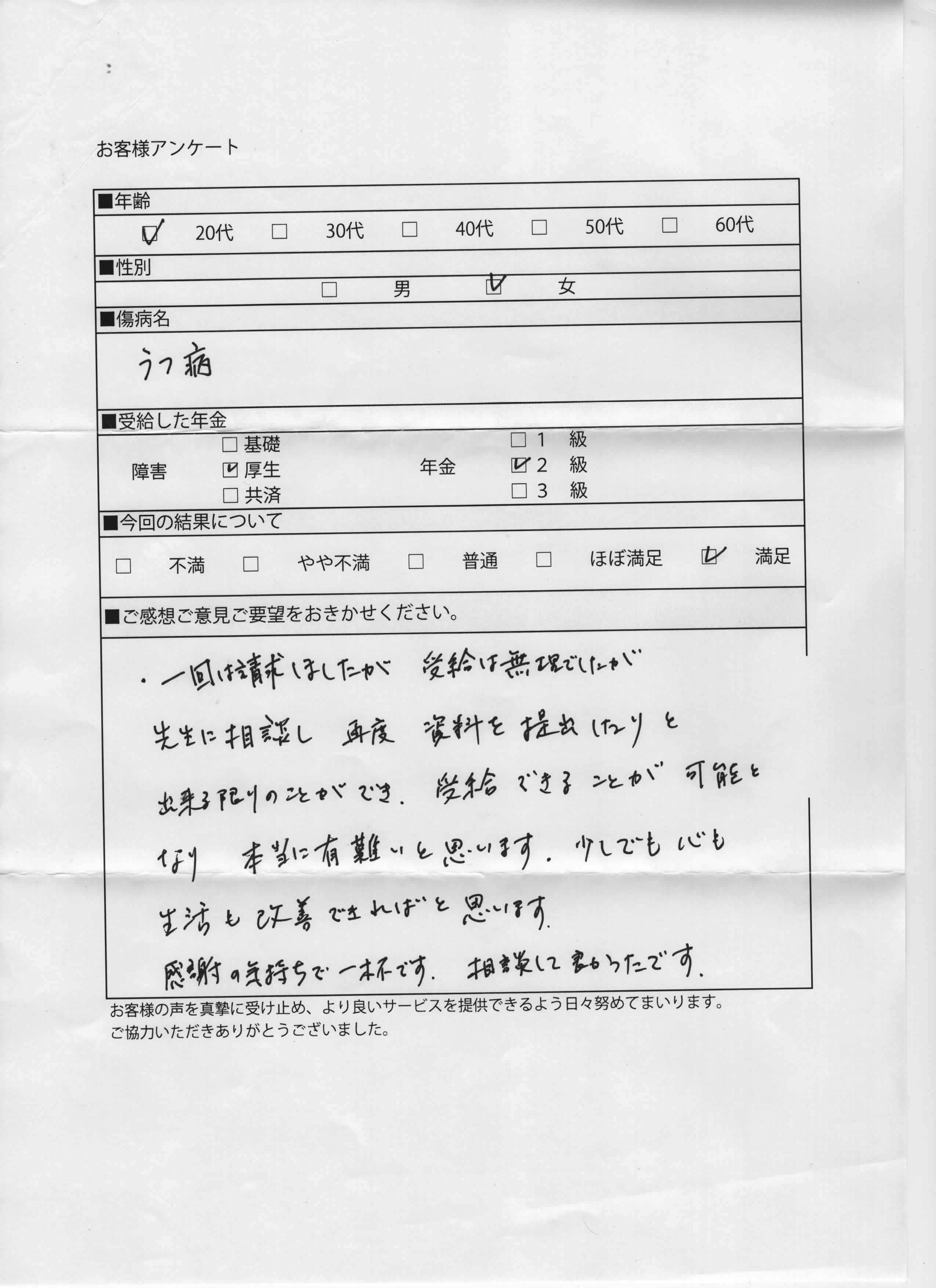 20代女性愛知障害厚生年金2級うつ病受給者