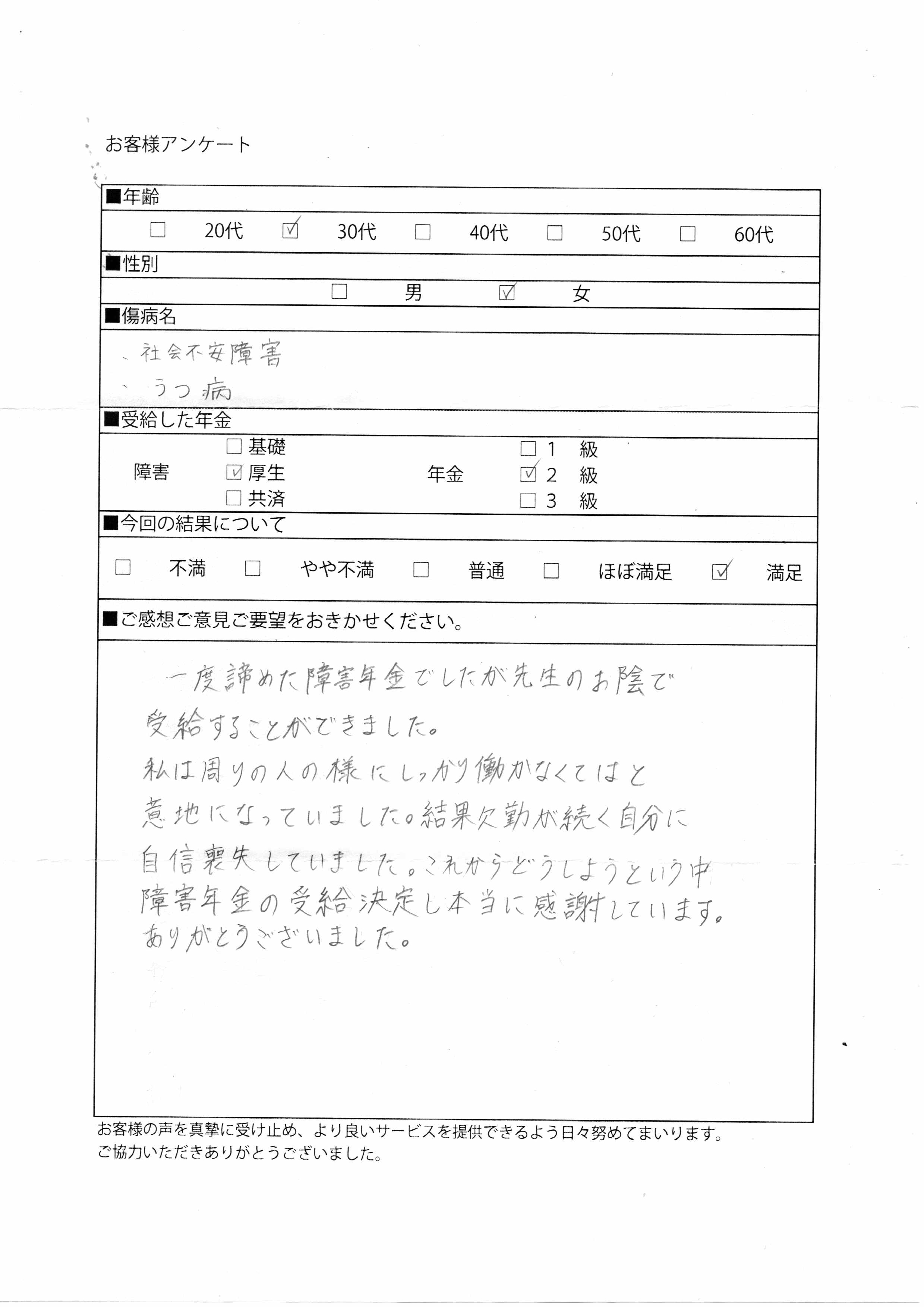 社会不安障害とうつ病で障害厚生年金2級受給者の喜びの声